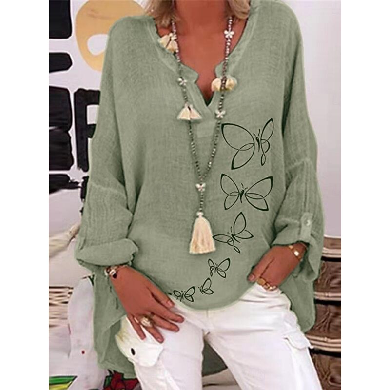 Women's Cotton Linen Shirts Butterfly Basic Casual Long Sleeve Shirt Collar Regular Tops Daily Print White Pink Navy Blue Purple Green Summer Fall2