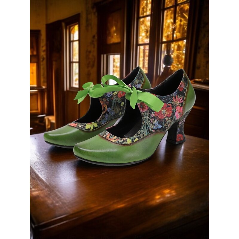 Women's Green Leather Mary Jane Heels with Floral Print, Ribbon Ties, and Retro Style - Perfect for Vintage-Themed Events and Daily Elegance