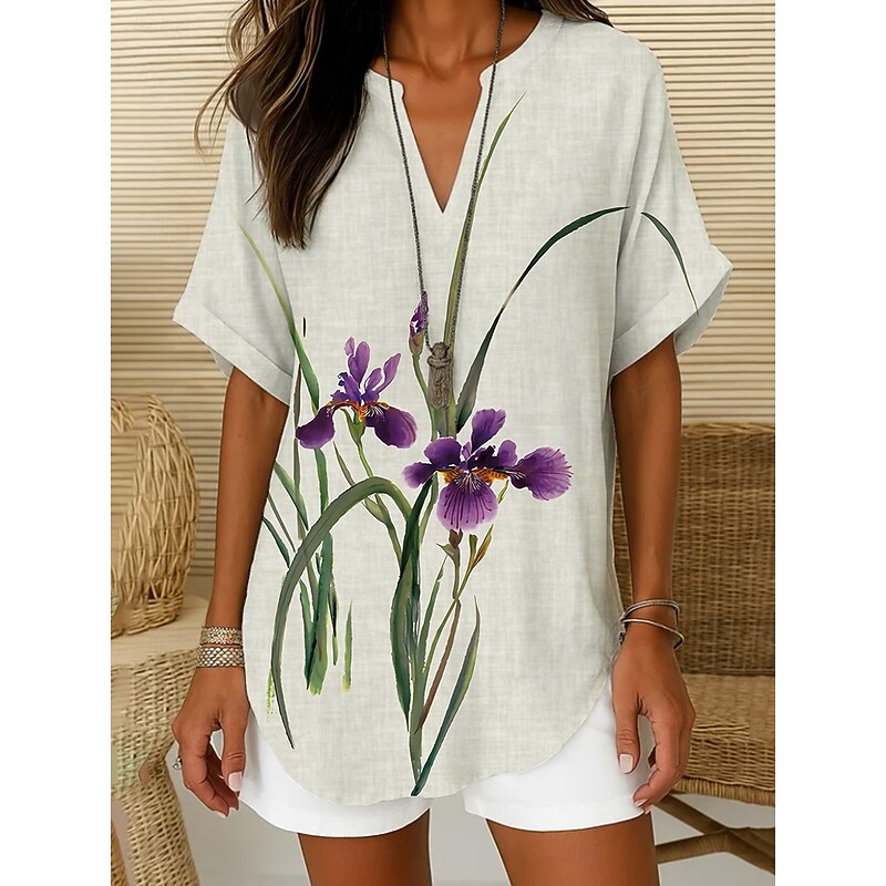 Women's Boho Shirt Floral Graphic Bohemia Vintage Tropical Short Sleeve Regular Tops Daily Holiday Beach Wear White Blue Beige Summer Spring