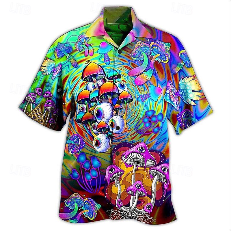Men's Hippie Mushroom Shirt Summer Hawaiian Shirt Button Up Shirt Short Sleeves Tropical Hawaiian Designer Casual Hawaiian Going out Summer Spring Turndown Print Button-Down Black Black / Purple Red
