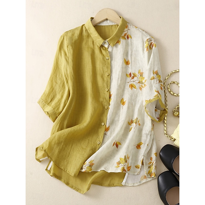 Women's Cotton Linen Shirts Floral Vintage Basic Casual 3/4 Length Sleeve Shirt Collar Regular Tops Daily Pocket Buttons Print Black Yellow Summer Spring