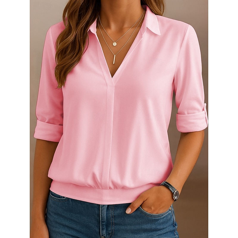Women's Shirt Solid Color Stylish Casual 3/4 Length Sleeve V Neck Regular Tops Work Daily Holiday White Pink Gray Light Blue Summer3