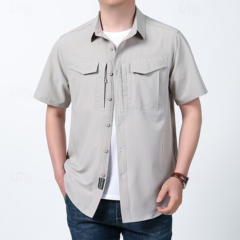 Men's Hiking Shirt Hiking top cargo shirt Short Sleeve Turndown Top Outdoor Quick Dry Lightweight Breathable Polyester Black Army Green Blue Tennis Golf Running