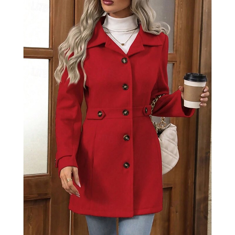Women's Winter Coat Coat Warm Comfortable Buttons Fashion Plain Outdoor Vacation Weekend Single Breasted Long Turndown Regular Fit Long Sleeve Outerwear Red Fall Winter