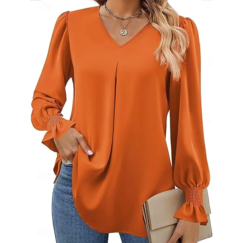 Women's Shirt Solid Color Plain Elegant Stylish Basic Long Sleeve V Neck Notched Neck Regular Tops Work Daily Holiday Ruffle Pink Red Royal Blue Orange Khaki Spring Fall Winter4