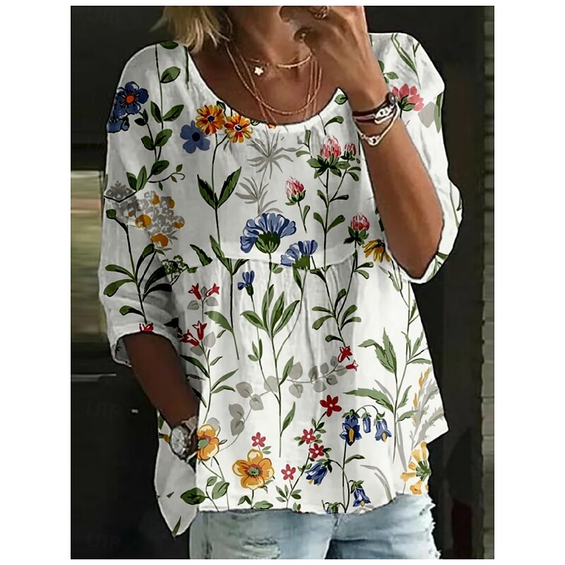 Women's Blouse Floral Stylish 3/4 Length Sleeve Crew Neck Regular Tops Daily Holiday Print White Navy Blue Blue Sky Blue Khaki Summer4