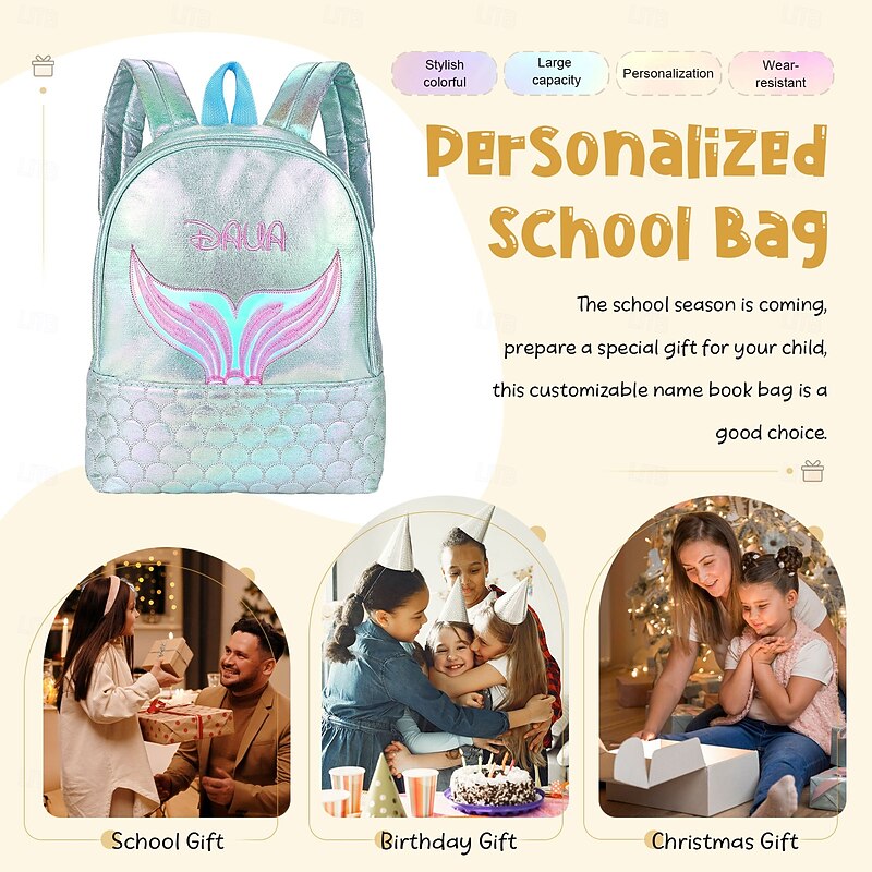 Personalized Mermaid Backpack for Girls with Custom Name, Back to School Gift for Kids Multi-Compartment Kids School Bag for Books, Water Bottles, and Stationery2