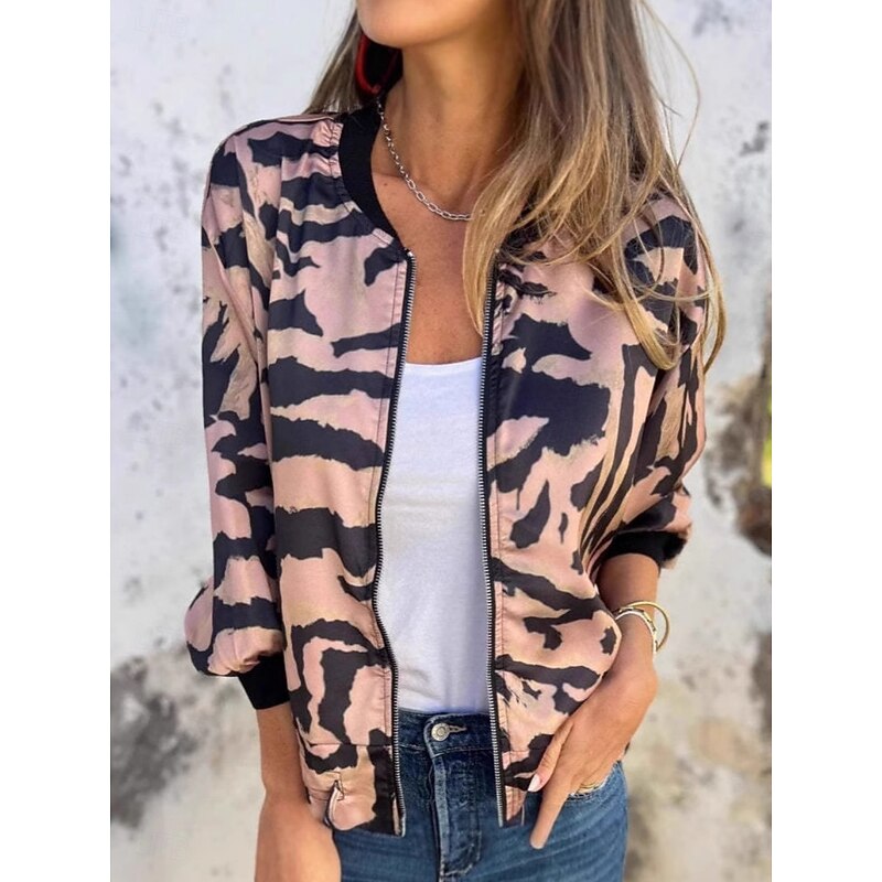 Women's Bomber Jacket Casual Jacket Comfortable Breathable Zipper Print Casual Leopard Vacation Street Casual Daily Wear Zipper Regular Stand Collar Regular Fit Long Sleeve Outerwear Pink Apricot3