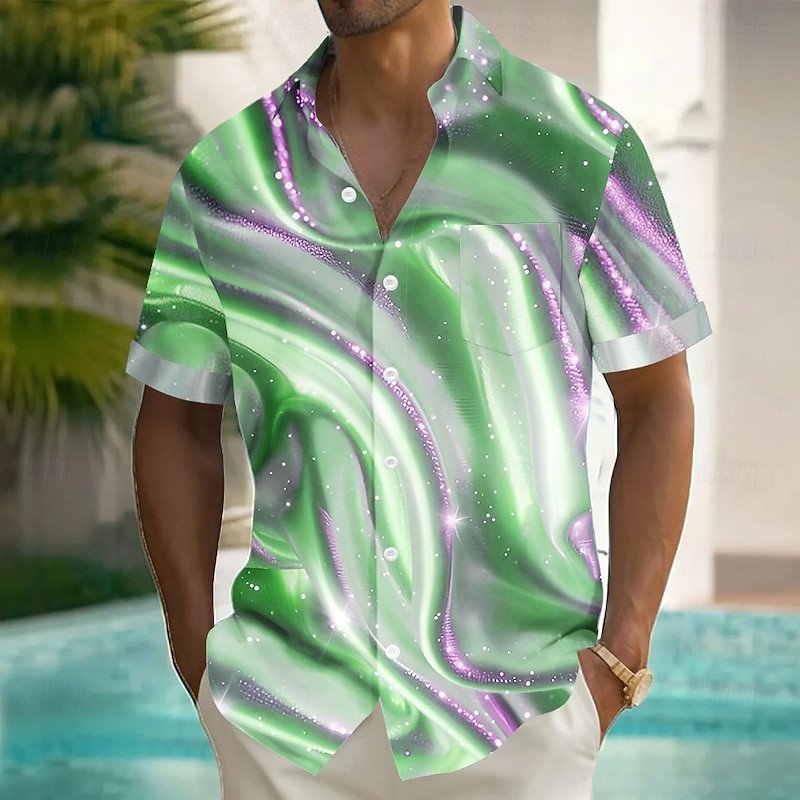 Men's Geometric Waves Abstract Art Shirt Summer Shirt Button Up Shirt Short Sleeve Fashion Casual Vacation Holiday Streetwear Summer Turndown 3D Print Front One Pocket Linen Like Shirt Blue Purple3