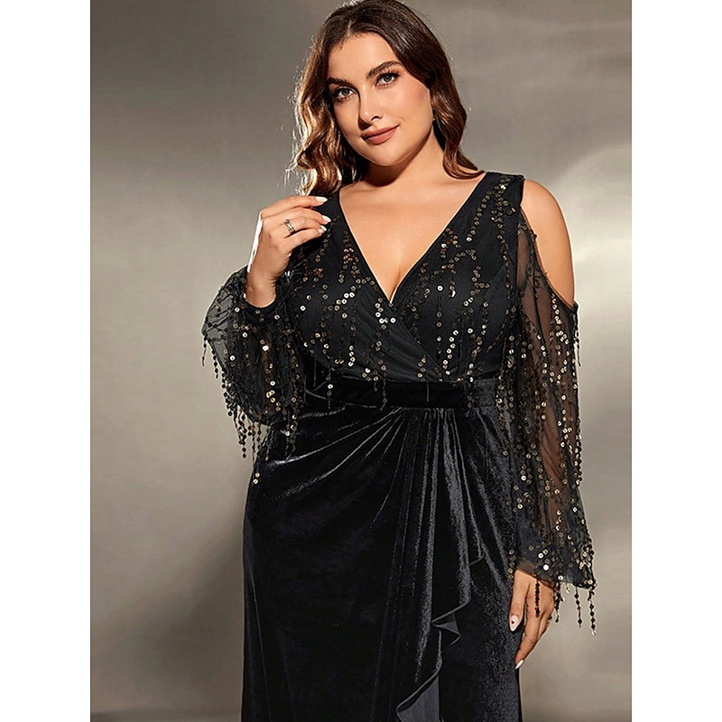 A-Line Evening Gown Elegant Dress Formal Wedding Floor Length Long Sleeve V Neck Sequined with Sequin Slit4