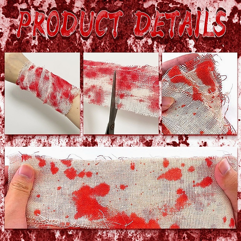 Halloween Bloody Gauze Bandage, Blood Stain Cloth Strips, Warning Barrier Tape, Creepy Scene Decoration, Haunted House Party Prop2