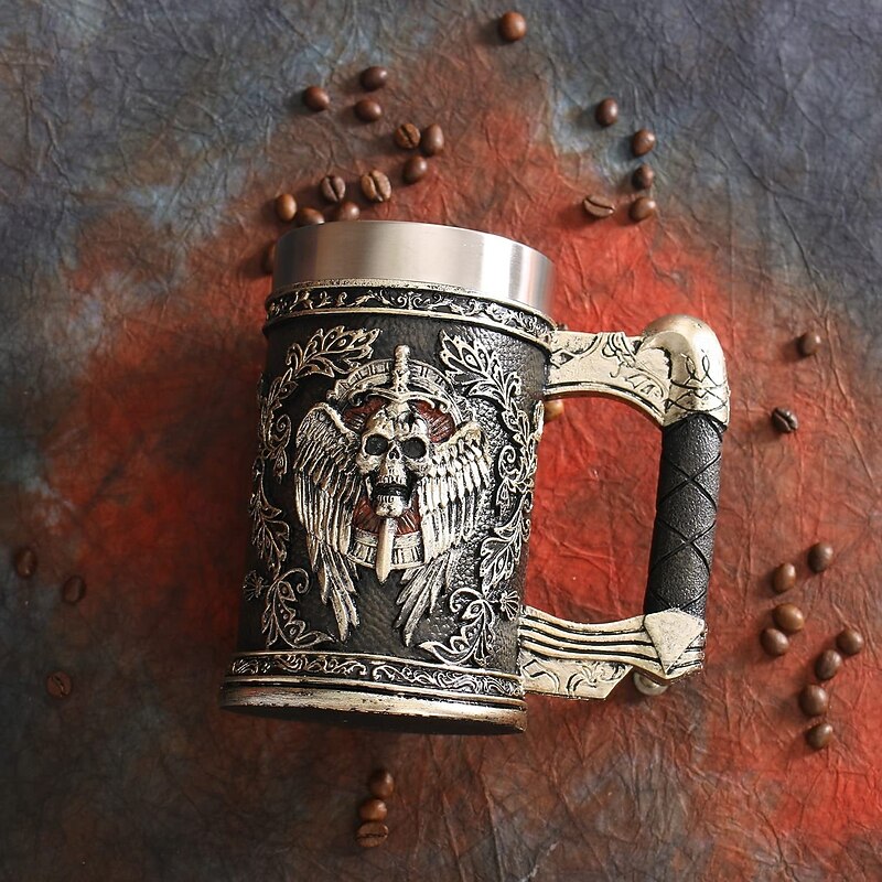 Halloween Skull Mug Grim Reaper Beer Stein, Skull Water Cup Unique Stainless Steel Large Capacity Mug, Angel & Demon Design for Halloween Party Decor2