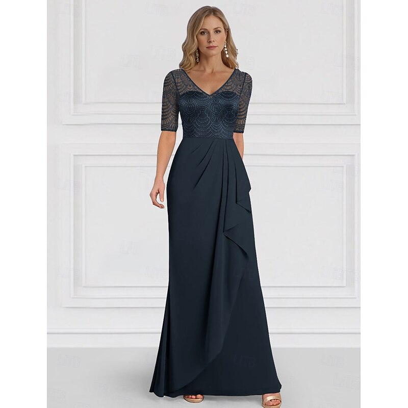 A-Line Mother of the Bride Dress Wedding Guest Elegant V Neck Floor Length Chiffon Half Sleeve with Ruffles Solid Color4