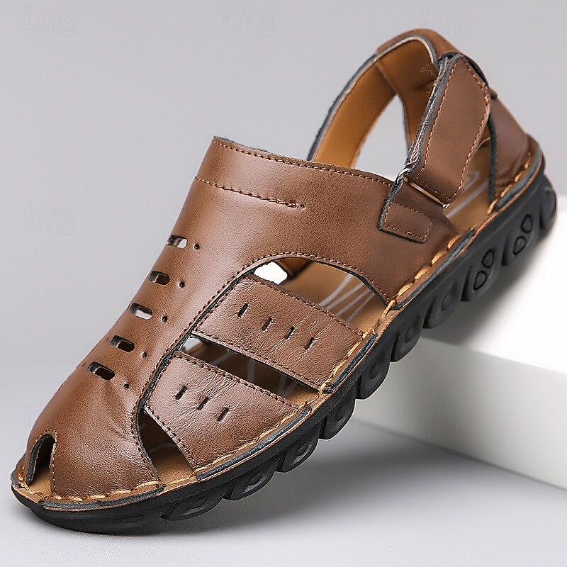 Men's Brown Faux Leather Closed-Toe Sandals Breathable Cut-Out Design with Anti-Slip Sole Ideal for Summer Walking Outdoor and Casual Use