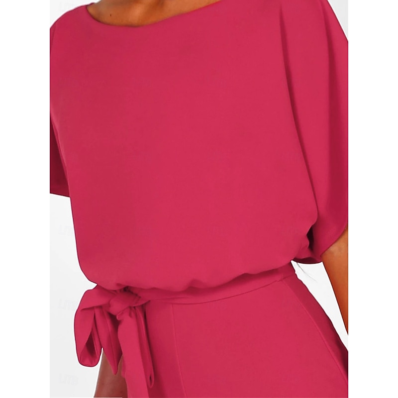 Women's Jumpsuit Elegant Belted Waist Red Wide-Leg Round Neck Short Sleeve Solid Color Party Work Casual Spring Summer Clothing Apparel3