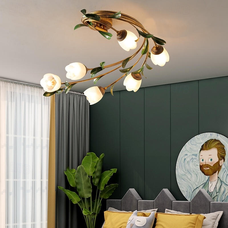 6-Light Floral Ceiling Light, Vintage Tulip Flower Semi-Flush Mount Ceiling Lamp, Gold Metal Branch with Frosted Glass Shades for Living Room, Bedroom2
