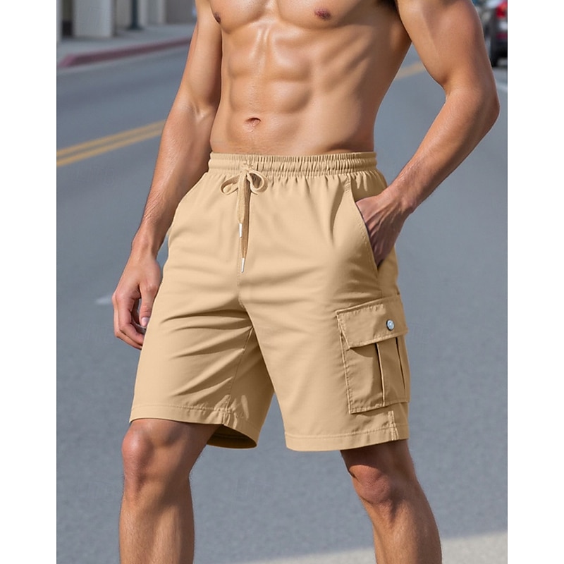 Men's Cargo Shorts Shorts Summer Shorts Drawstring Elastic Waist Multi Pocket Plain Comfort Wearable Knee Length Outdoor Sport Daily Fashion Casual Black White