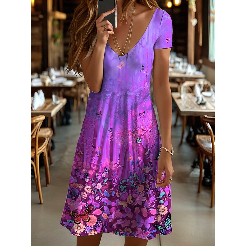 Women's Mini Dress T Shirt Dress Tee Dress Sundress A Line Dress Vacation Casual Beach Beach Regular Fit Ombre Floral Graphic Short Sleeve V Neck Yellow Red Blue Purple Summer4