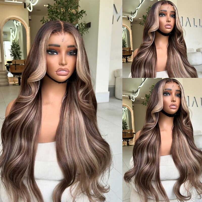 Unprocessed Virgin Hair 5x5 Closure 13x4 Lace Front Wig Layered Haircut Peruvian Hair Wavy Blonde Brown Multi-color Wig 130% 150% Density with Baby Hair Highlighted / Balayage Hair 100% Virgin