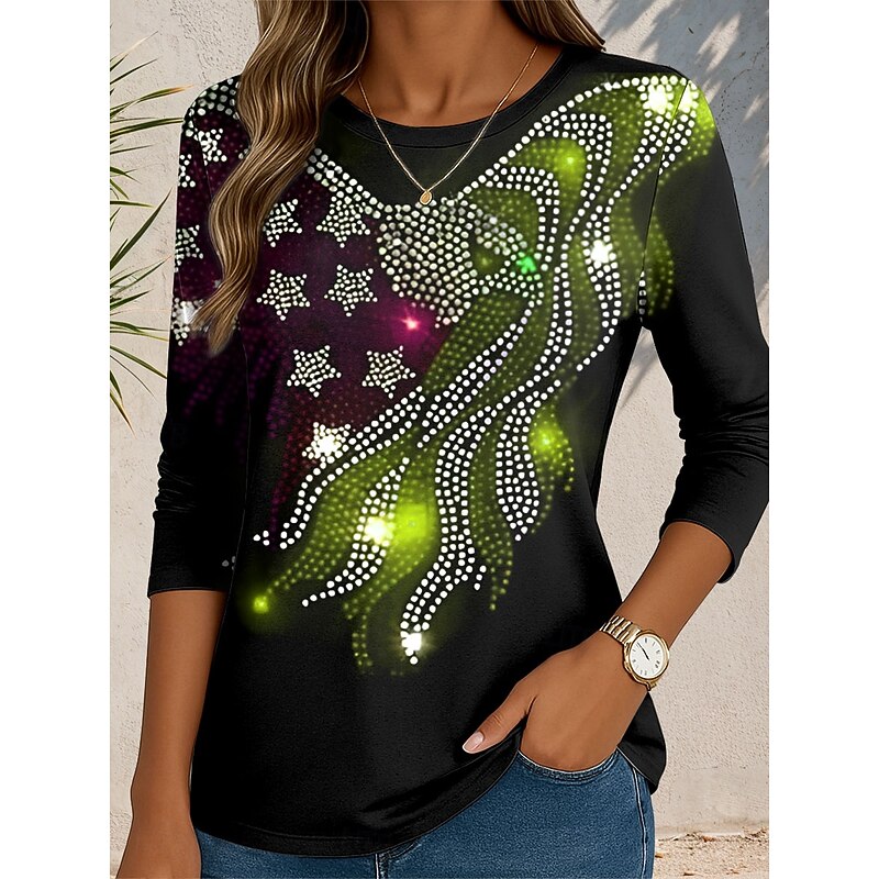 Women's Patriotic T Shirt Graphic Flag Abstract Vintage Stylish Classic  Regular Tops Daily Print Rhinestone Red Blue Purple Green Fall3