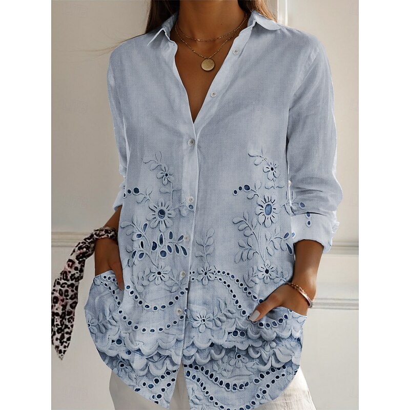 Women's Shirt Floral Active Daily Stylish Long Sleeve Shirt Collar Regular Tops Daily Holiday Buttons Print White Pink Blue Spring Fall3