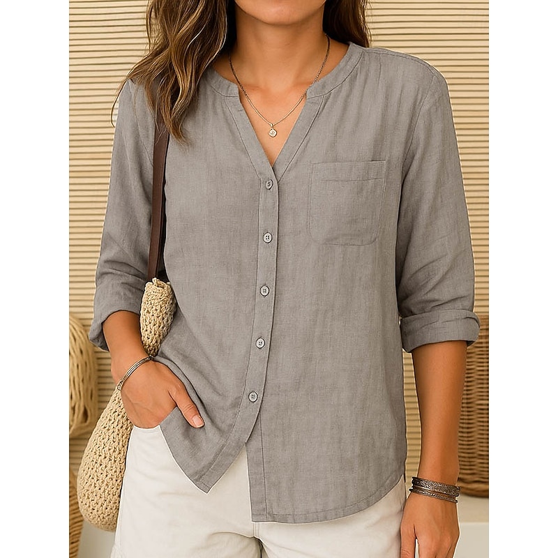 Women's Cotton Linen Shirt  Plain Vintage Long Sleeve V Neck Regular Tops Daily Weekend Vacation Wear Pink purple White Navy Blue Blue Orange Summer Spring4