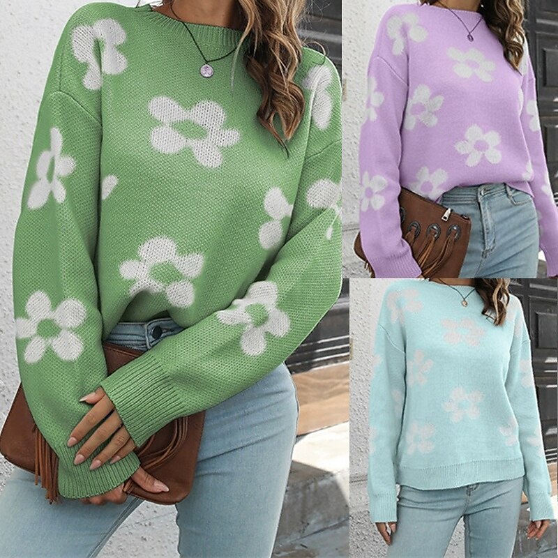 Women's Pullover Casual Floral Chunky Crew Neck Knitted Long Sleeve Regular Tops Knit Daily Holiday Going out Blue Purple Fall Winter