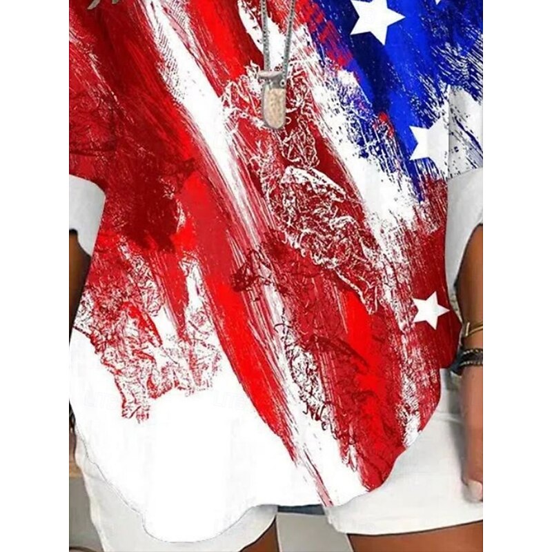 American Independence Day Women's Shirt Flag Stylish Modern Long Sleeve V Neck Regular Tops Daily Holiday Buttons Print Red Summer3