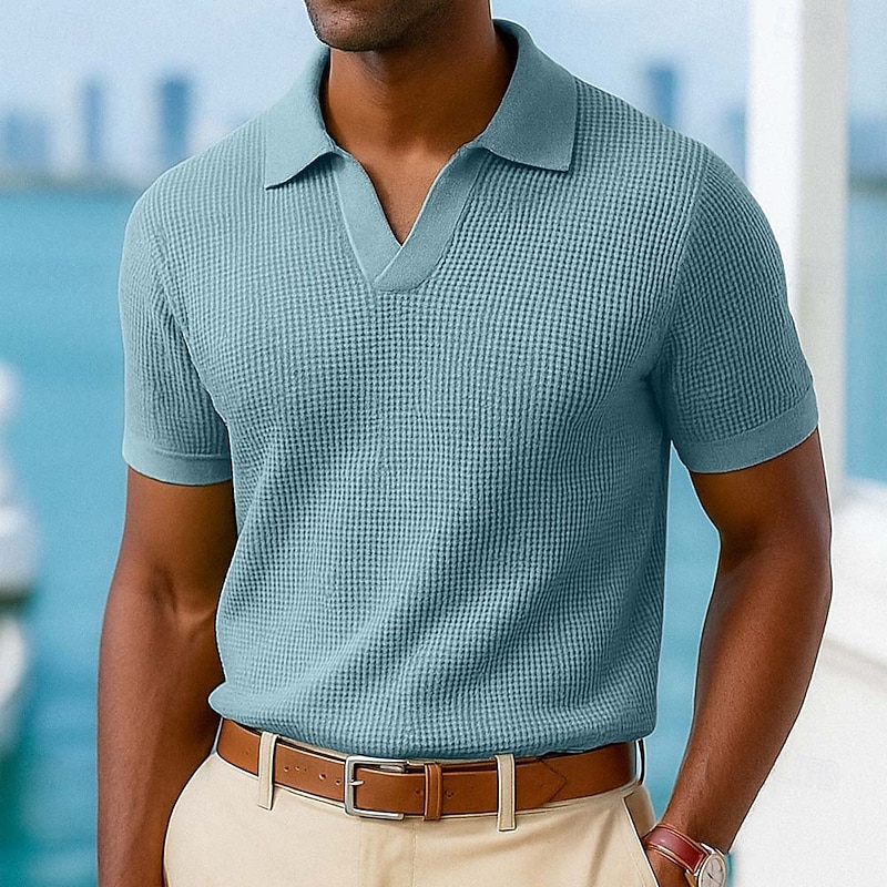 Men's Waffle Polo Shirts Polo Shirts Vacation Casual V Neck Ribbed Polo Collar Short Sleeve Fashion Basic Plain Textured Buttons Soft Summer Spring Regular Fit Camel Black White Blue Green Grey