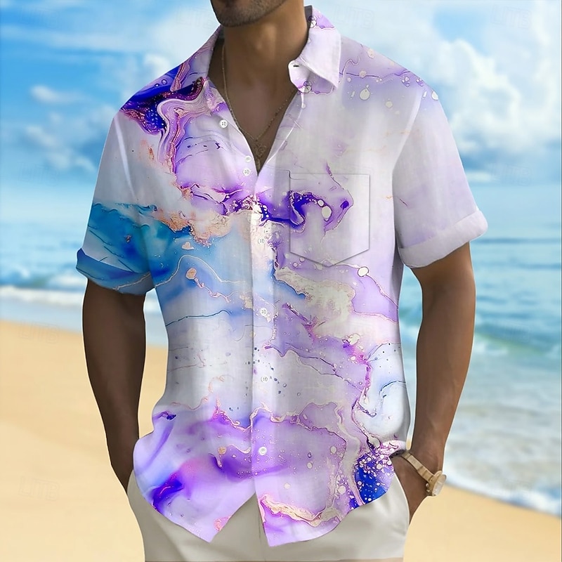 Men's Marble Abstract Liquid Art Shirt Summer Shirt Button Up Shirt Short Sleeve Fashion Casual Outdoor Vacation Dailywear Summer Spring Turndown 3D Print Collared Shirts Front One Pocket Purple Khaki4