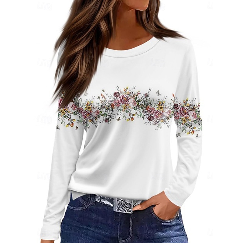 Women's T shirt Long Sleeve Crew Neck Long Sleeve Tunic Floral Graphic Plants Vintage Stylish Classic Round Neck Regular Tops Daily Print White Pink Blue Fall Prefall