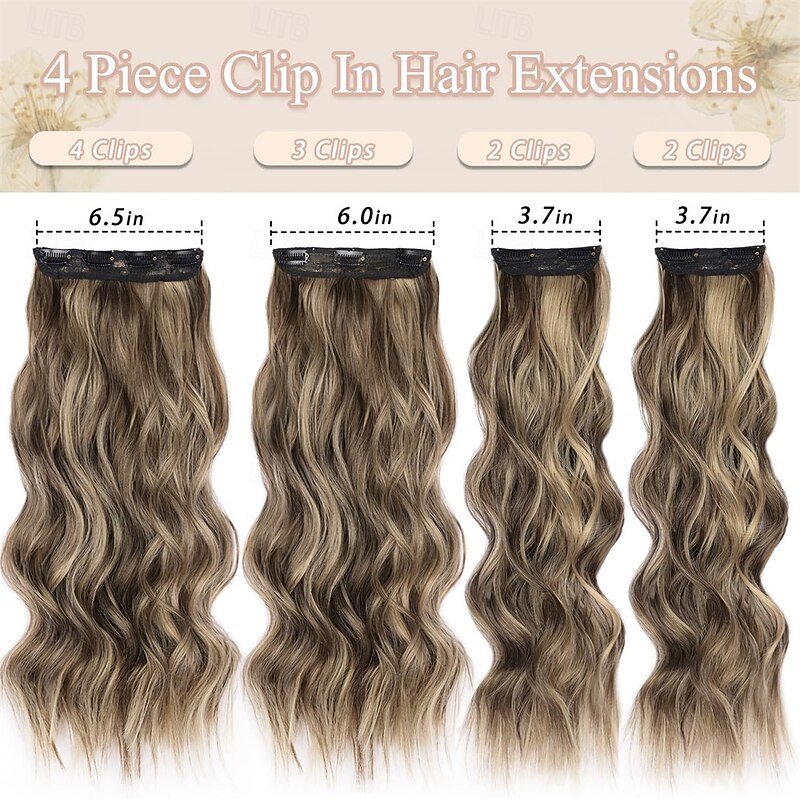 Clip in Curly Hair Extensions 4Pcs Long Wavy Hair mix Brown Synthetic Clip in Extensions 22 Inch for Women # Mixed Brown & Blonde2