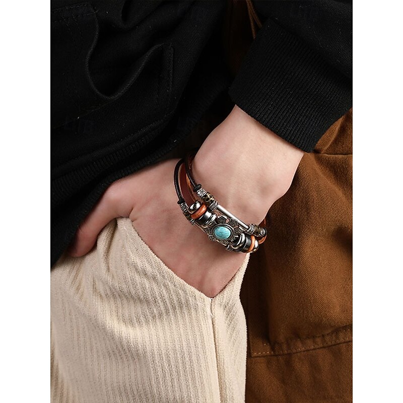 Men's Turquoise Leather Cuff Bracelet with Skull and Metal Accents, Bohemian Western Style, Perfect for Casual and Everyday Wear2