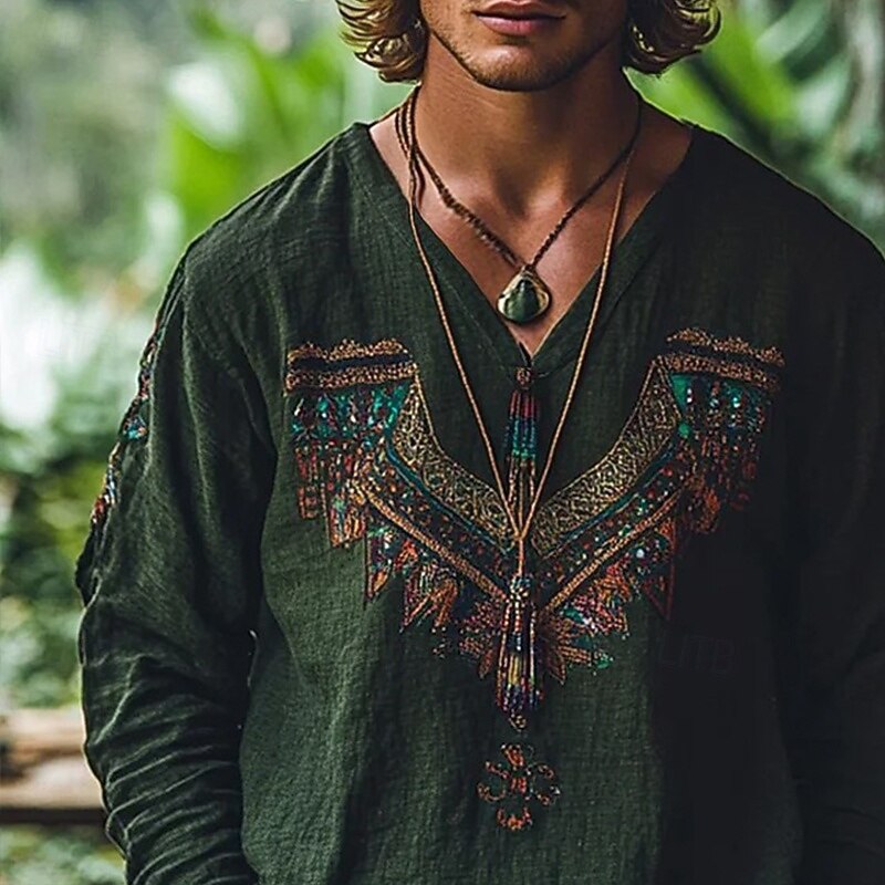 Men's Shirt Linen Shirt Viking Style Popover Shirt Summer Shirt Beach Wear Geometric Vacation Street Green Long Sleeve V Neck Summer Spring Clothing Apparel2