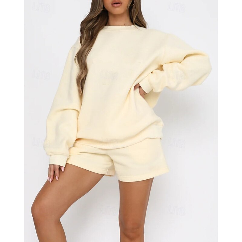 Women's Tracksuit Pullover Sweatshirt Sweat Shorts Lace Solid Colored Clothing Suit Fall Dark Khaki Black Gym Athleisure Running Windproof Long Sleeve Sport Activewear Stretchy Regular Fit