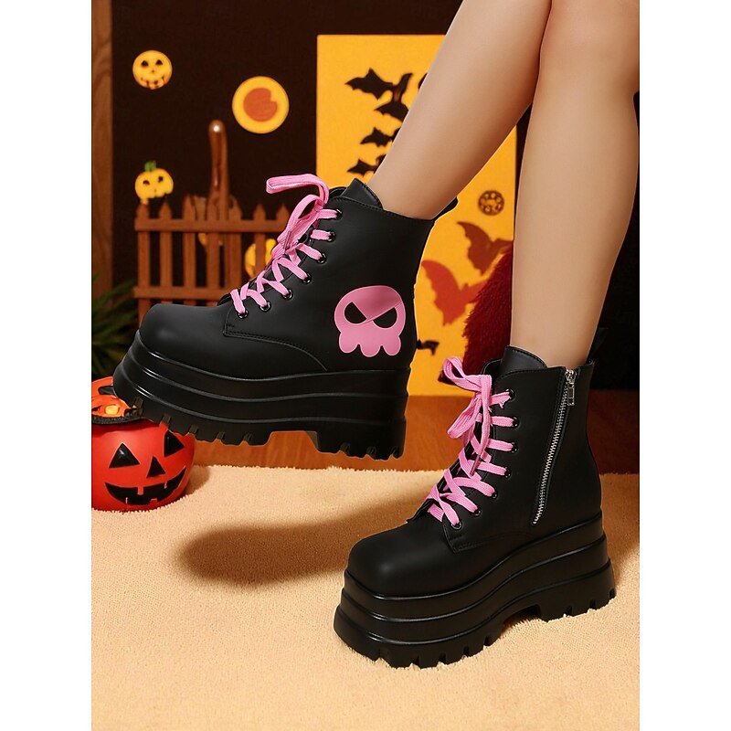 Women's Gothic Platform Combat Boots - Black Chunky Lace-Up Ankle Boots with Pink Skull for Cosplay, Halloween, and Punk Streetwear2