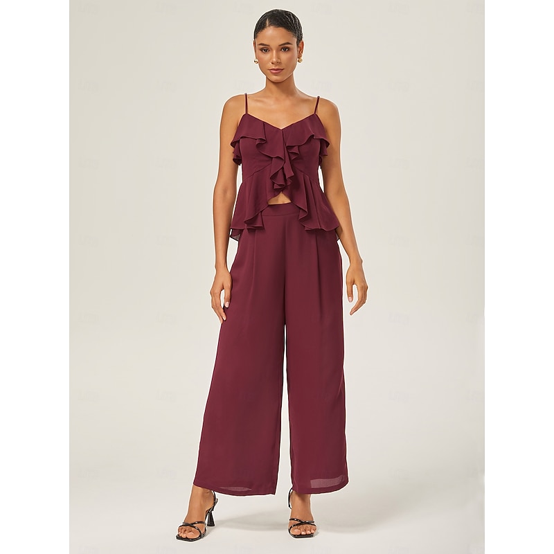 Women's Female Loose Culottes Wide Leg Full Length Chiffon Elegant Formal Burgundy Summer Spring XS S M3