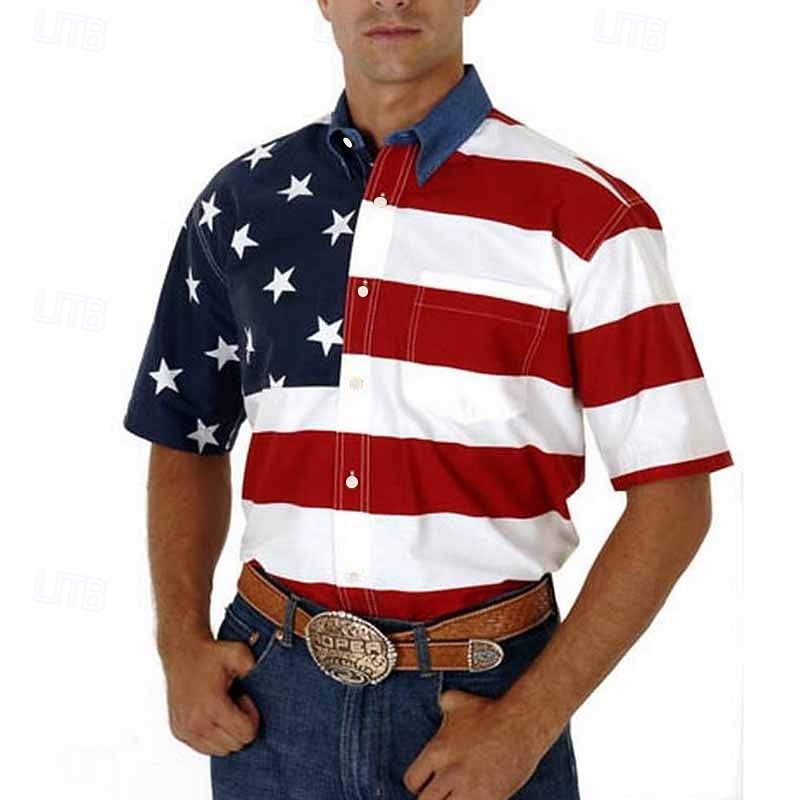 Men's Graphic Prints American Flag Shirt Western Shirt Button Up Shirt Short Sleeve Fashion Designer Casual Outdoor Summer Spring Turndown Print Blue
