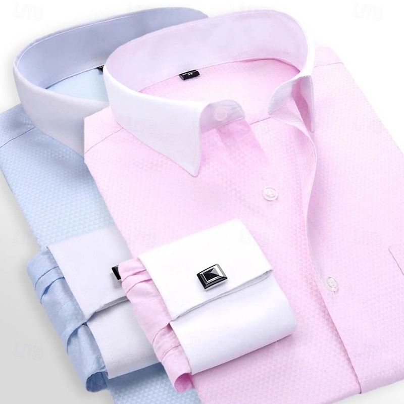 Men's Shirt Dress Shirt French Cuff Shirt Plain Wedding Business Pink+Purple Blue+Light Blue Yellow+Blue Yellow+pink Long Sleeve Collar All Seasons Clothing Apparel Pocket2
