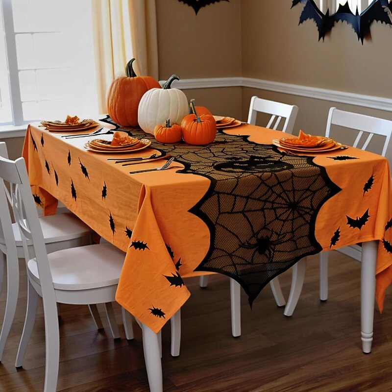 Crawling Spider Halloween Lace Table Runner and Mantle Scarf, Seasonal Halloween Decorations Table Runner