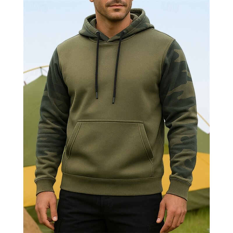 Men's Hoodie Hiking Sweatshirt Hiking top Long Sleeve Hooded Top Outdoor Lightweight Elastic Breathable Pullover Polyester Camo Black Army Green Khaki Tennis Golf Running