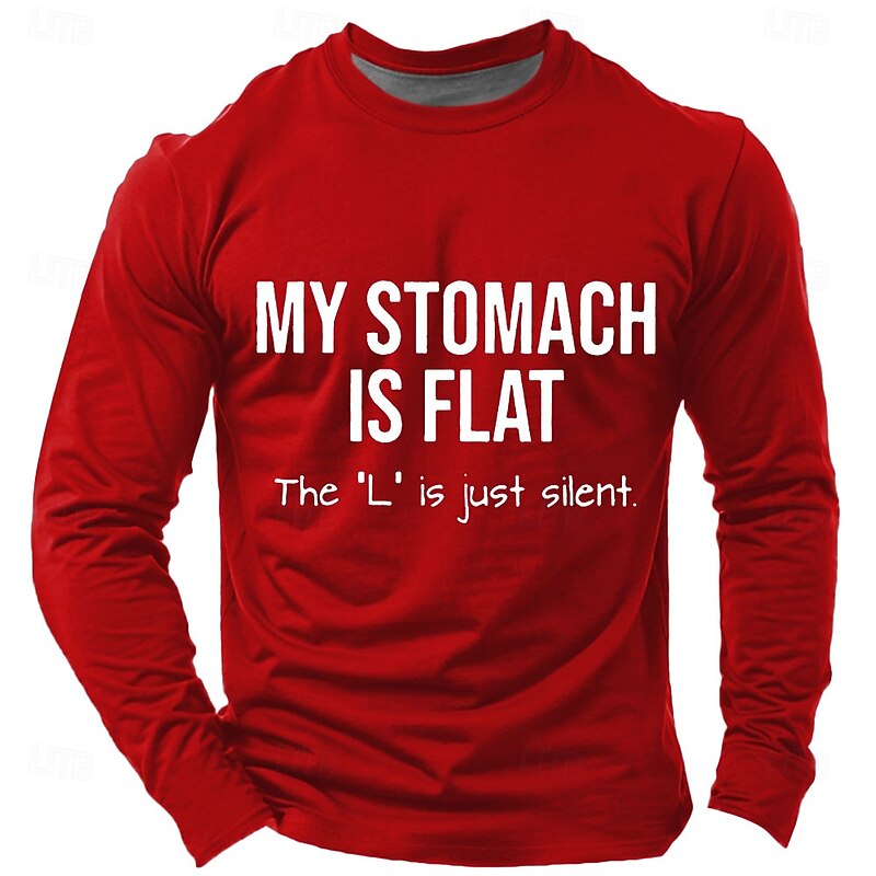 Men's Long Sleeve Graphic Shirt: Funny 'My Stomach Is Flat' Pun Wordplay Humor Design3