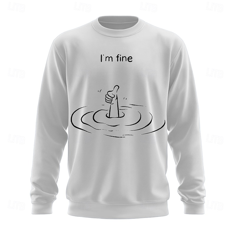 Mens Red Crew Neck Sweatshirt with Funny Drowning Thumbs Up 'I'm Fine' Graphic