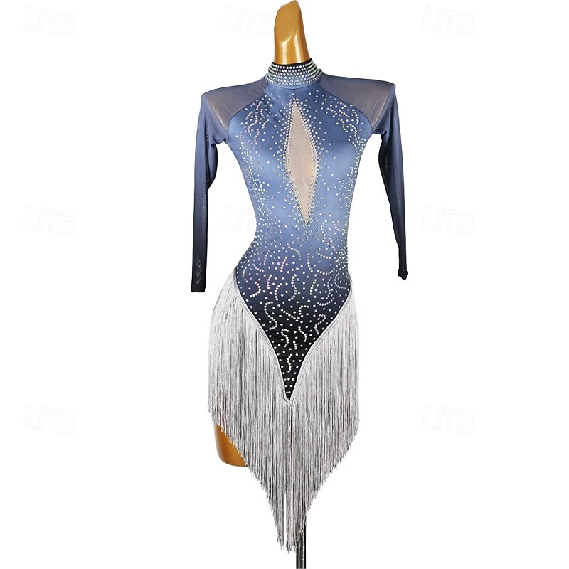 Latin Dance Dress Tassel Splicing Crystals / Rhinestones Women's Performance Training Long Sleeve Chinlon Mesh Spandex
