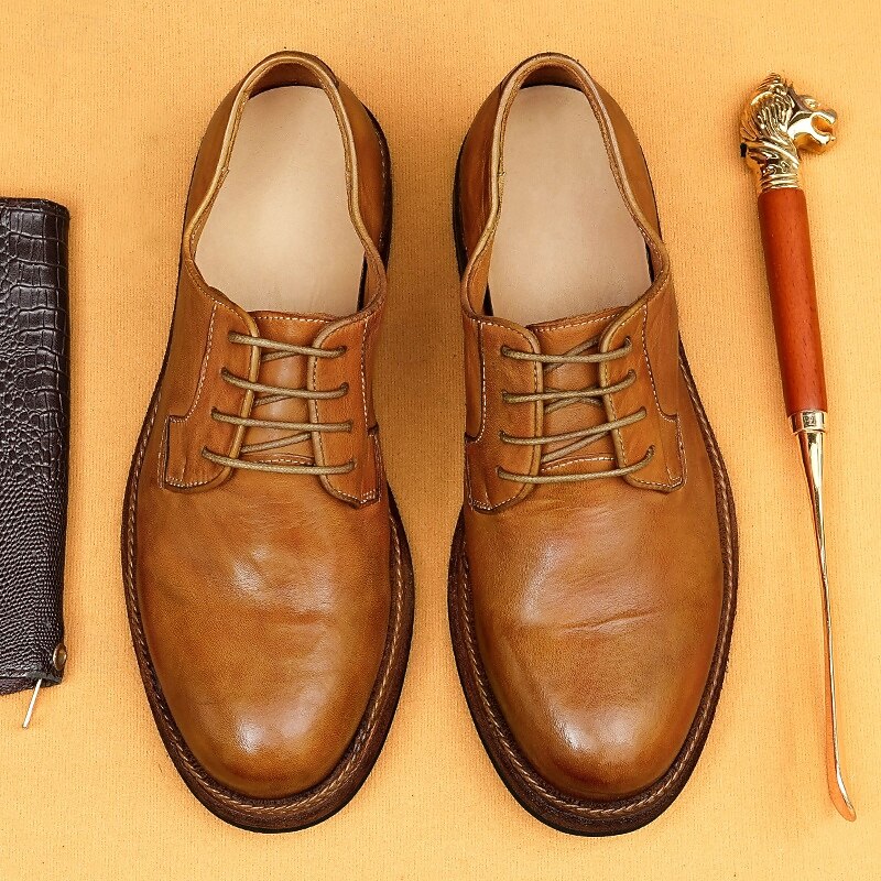 Men's Tan Leather Derby Shoes with Goodyear Welt and Clean Design - Stylish Dress Shoes for Formal, Wedding and Business Events2