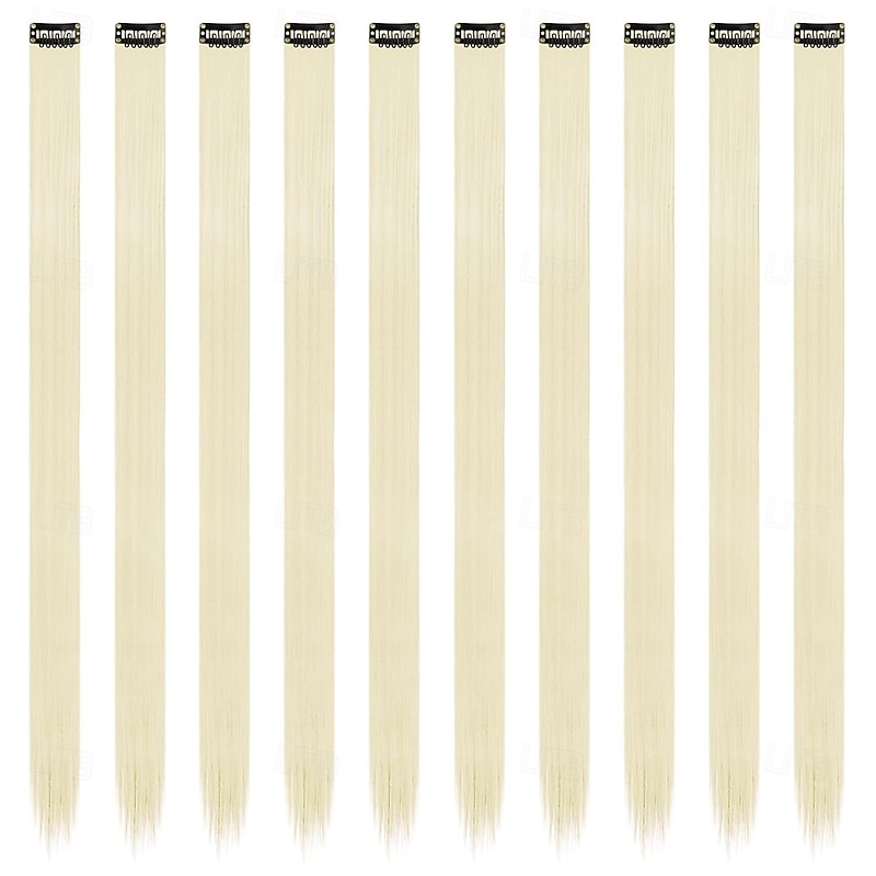 Colored Clip in Hair Extensions - 10 PCS Beige Blonde Highlighted Hair Piece Straight Synthetic Clip in Hairpieces for Women 22 inch2