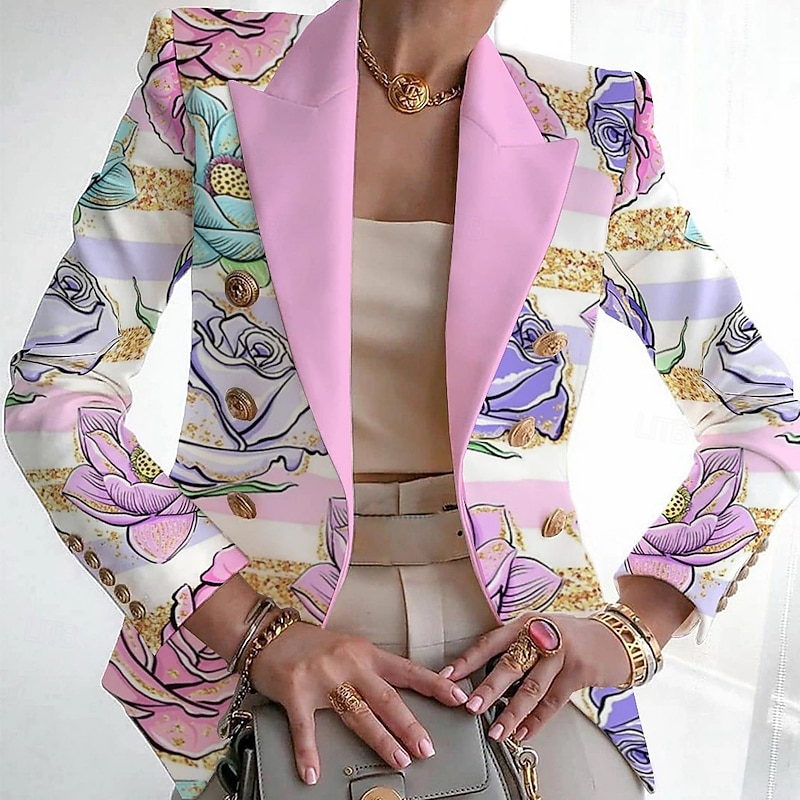 Women's Blazer Comfortable Breathable Print Fashion Casual Leaf Work Office / Career Casual Double Breasted Regular Turndown Regular Fit Long Sleeve Outerwear White Pink Light Purple Summer3
