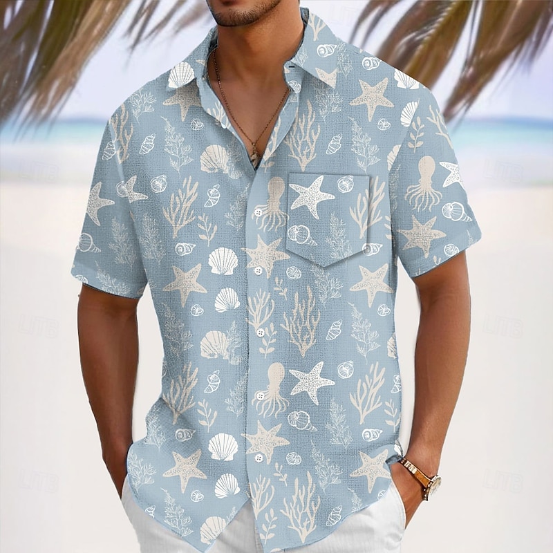 Men's Conch Sea Creatures Coral Summer Hawaiian Shirt Button Up Shirt Aloha Shirt Short Sleeve Shirt Turndown Hawaiian Vacation Holiday Beach Wear Blue 1# Blue S M L