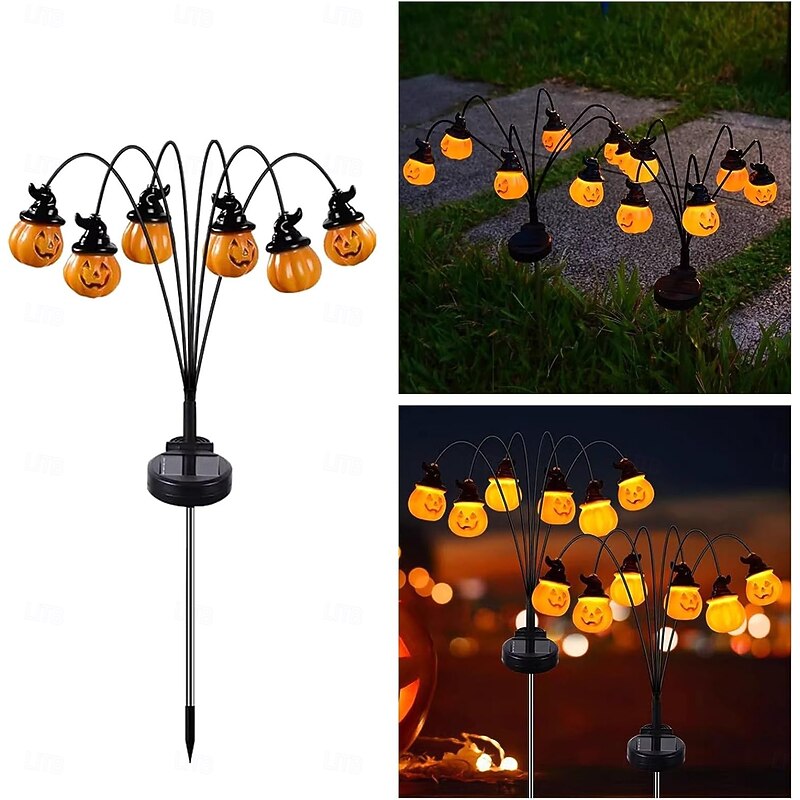 2 Pcs Halloween Landscape Lights Outdoor Waterproof 6 Head Smiling Pumpkin Solar Ground Plug in Light Courtyard Garden Lawn Path Party Party Horror and Weird Atmosphere Festival Decorative Light3