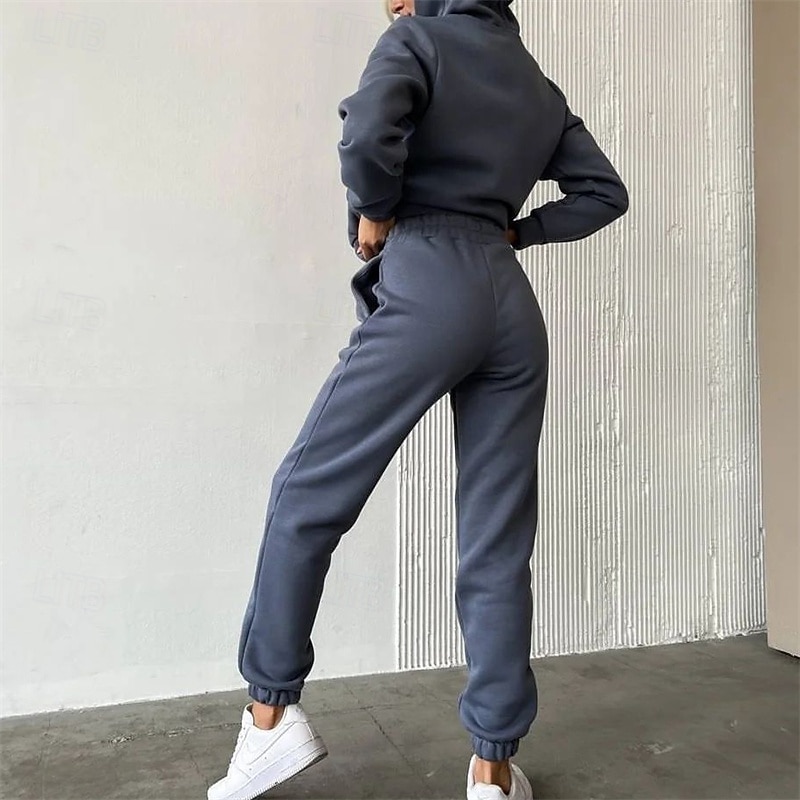 Women's Tracksuit Sweatpants Hooded Jacket Zipper Pocket Solid Colored Clothing Suit Fall Black White Gym Workout Sports Windproof Long Sleeve Sport Activewear Micro-elastic Regular Fit2